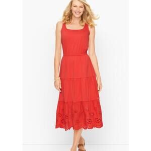NWT Talbots Jersey Eyelet Tiered Fit & Flare Midi Dress Coral Womens Sz Sm